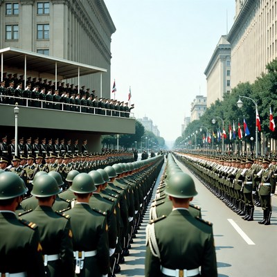 Military parade with soldiers in green helmets