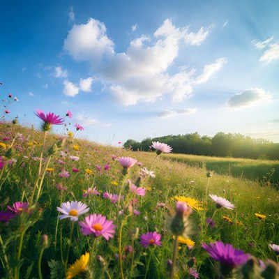 Vibrant Wildflower Field Under Blue Sky