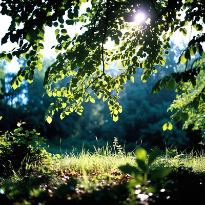 Sunlight filtering through green tree leaves