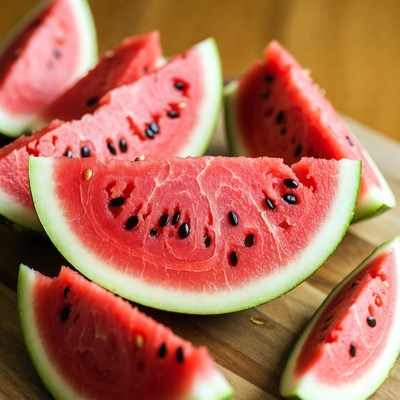 Fresh watermelon slices on wooden board