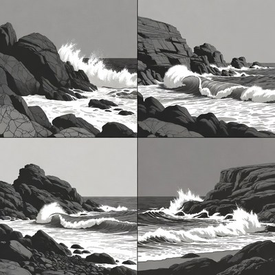 Ocean Waves Crashing on Rocks Illustration