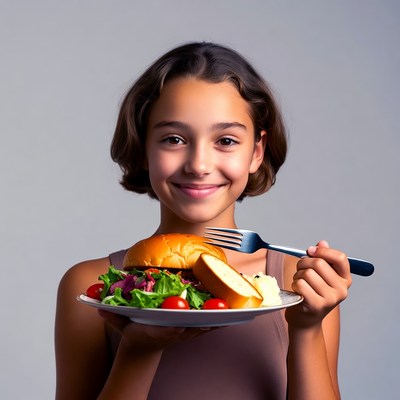 Girl holding burger and salad plate