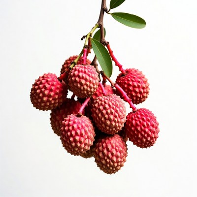 Fresh red lychees on branch