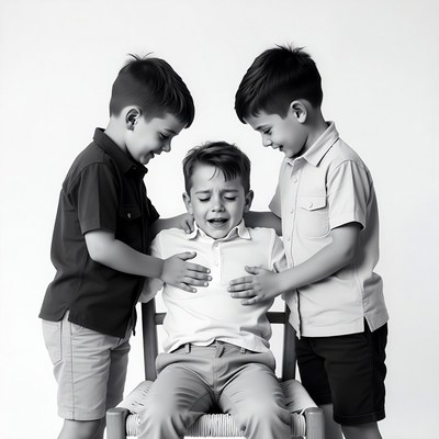 Three boys hugging crying boy on chair