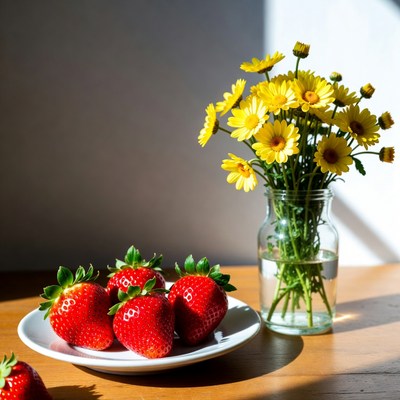 Strawberries and yellow daisies