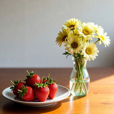 Strawberries and Daisies on Table