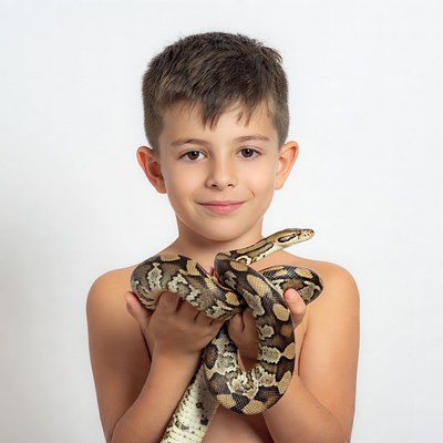 Boy holding ball python snake