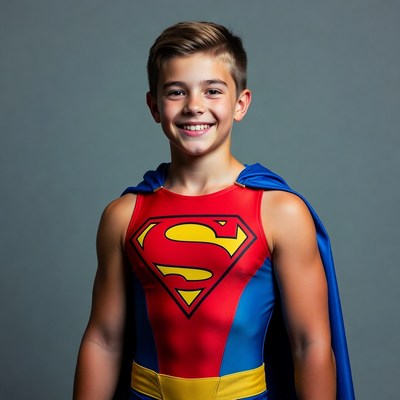 Boy in Superman costume smiling