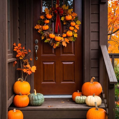 Autumn pumpkins on front porch door