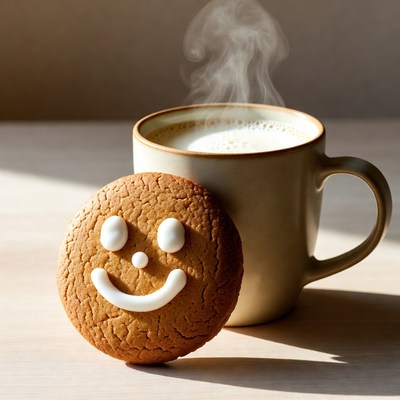 Smiling Gingerbread Cookie and Steaming Coffee