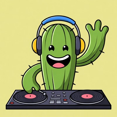Cartoon Cactus DJ Waving