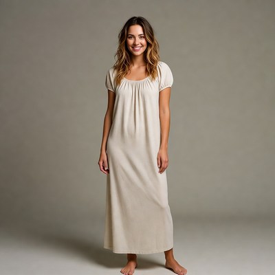 Woman in beige maxi dress