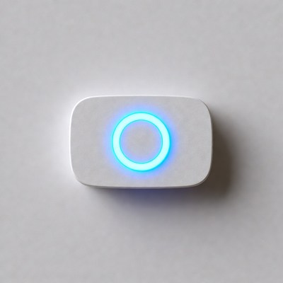 White smart device with blue glowing ring