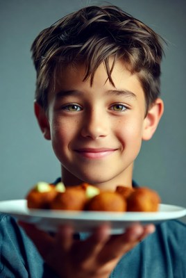 Boy holding plate of dumplings