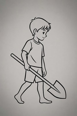 Boy walking with shovel