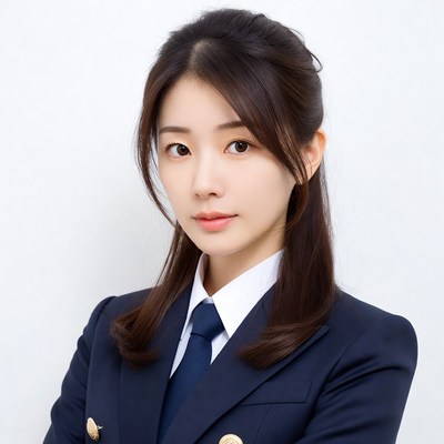 Asian woman in navy suit with arms crossed
