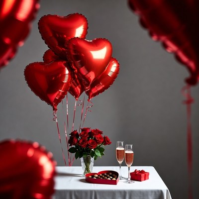 Red Heart Balloons with Champagne Roses