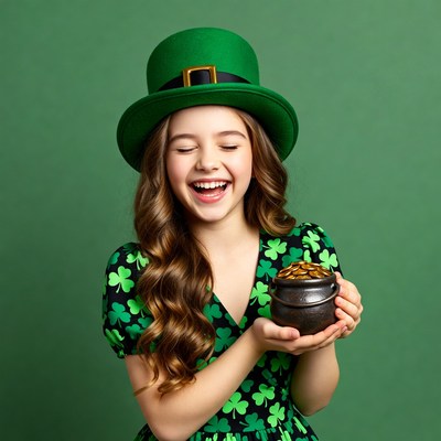 Girl holding pot of gold leprechaun hat