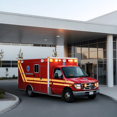 Red Ambulance Parked at Hospital Entrance