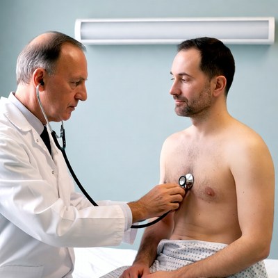 Doctor checking man's heartbeat