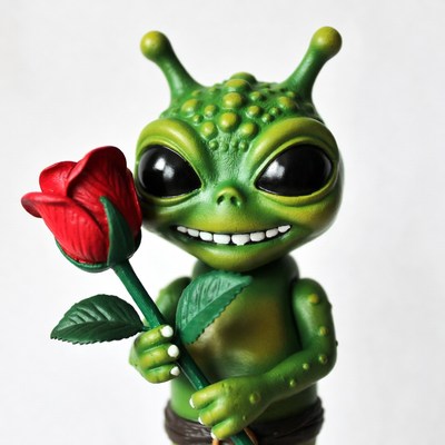 Cute green alien holding red rose
