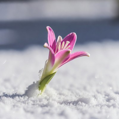 Pink lily blooming in snow