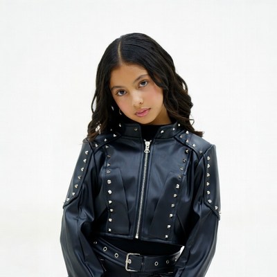 Girl in black studded leather jacket