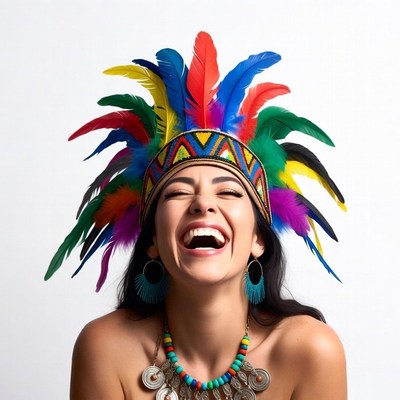 Woman laughing in colorful feather headdress