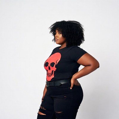 African-American woman in skull t-shirt