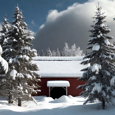 Red Barn Snowy Pine Trees