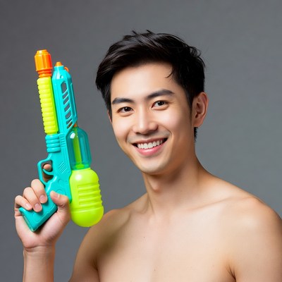 Asian man holding water gun