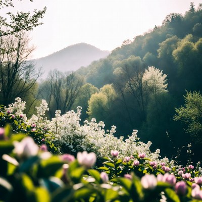 Pink Flowers in Mountain Valley