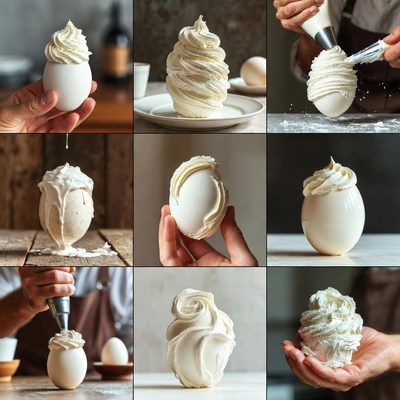 Piping Whipped Cream on Eggs