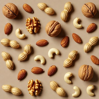 Mixed Nuts Scattered on Beige Background