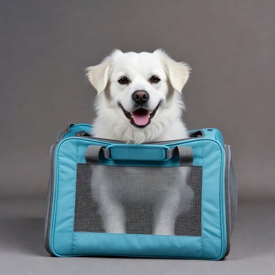 White dog in blue pet carrier
