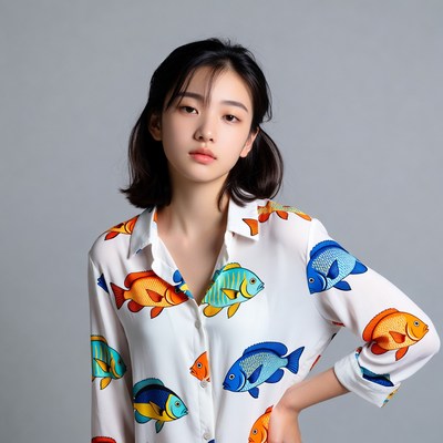 Asian woman in colorful fish print shirt