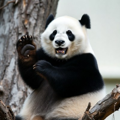 Panda waving from tree branch