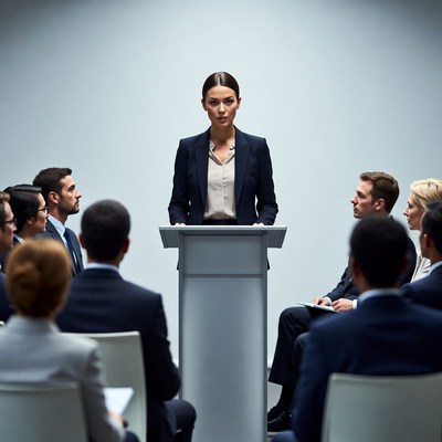 Woman speaking at business meeting podium