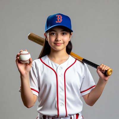 Asian girl holding baseball bat and ball