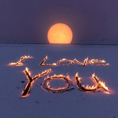 Fiery 'I Love You' on Snow with Sunset