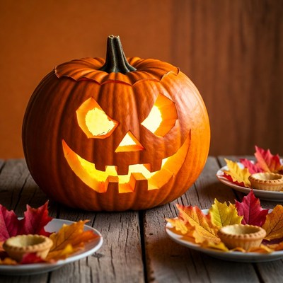 Lit Jack-o-Lantern with Autumn Leaves