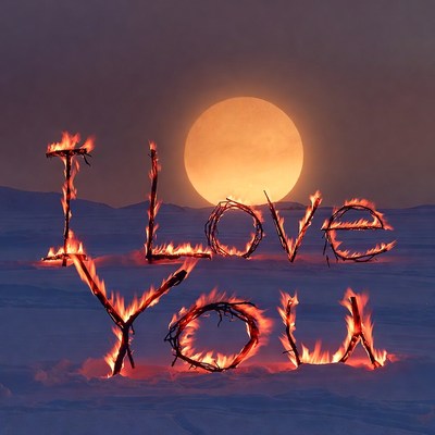 Fiery 'I Love You' in Snow with Sunset