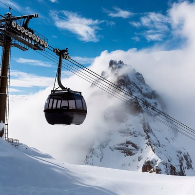 Ski Lift Gondola over Snowy Mountains