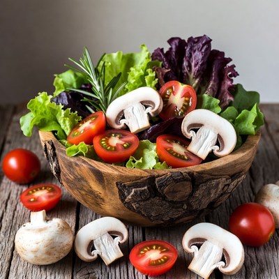 Fresh salad in wooden bowl