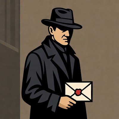 Man in trench coat holding sealed letter