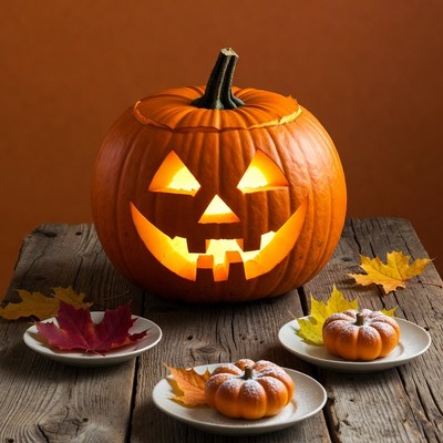 Lit Jack-o'-Lantern with Mini Pumpkins