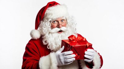 Santa Claus holding red gift box