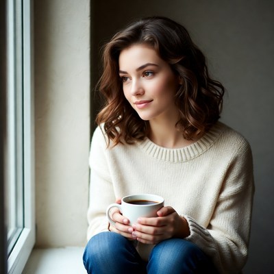 Woman holding coffee by window