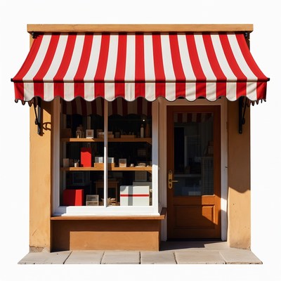 Shop with Red Striped Awning