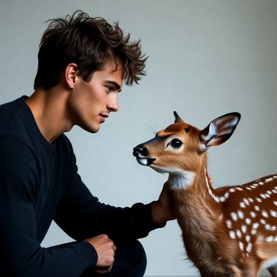 Man petting baby fawn